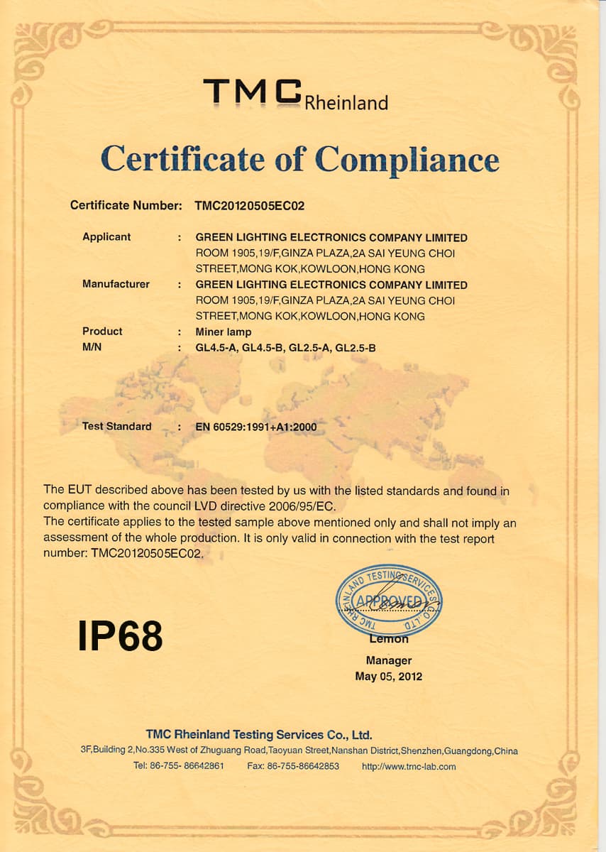 IP68 certificate of mining lights IP68 certificate of mining lights
